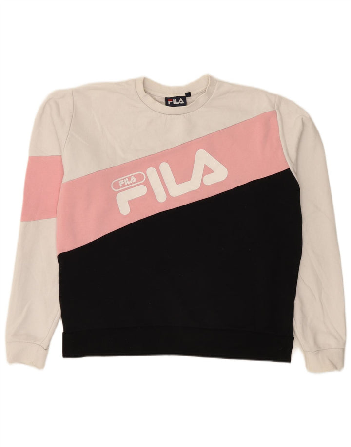 Fila Dame Grafisk Sweatshirt Jumper UK 14 Medium White Colourblock Bomuld