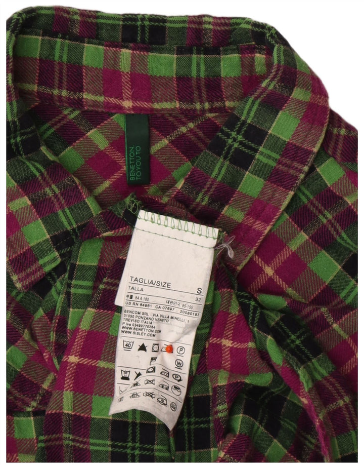 BENETTON Womens Flannel Shirt UK 10 Small Green Check Cotton