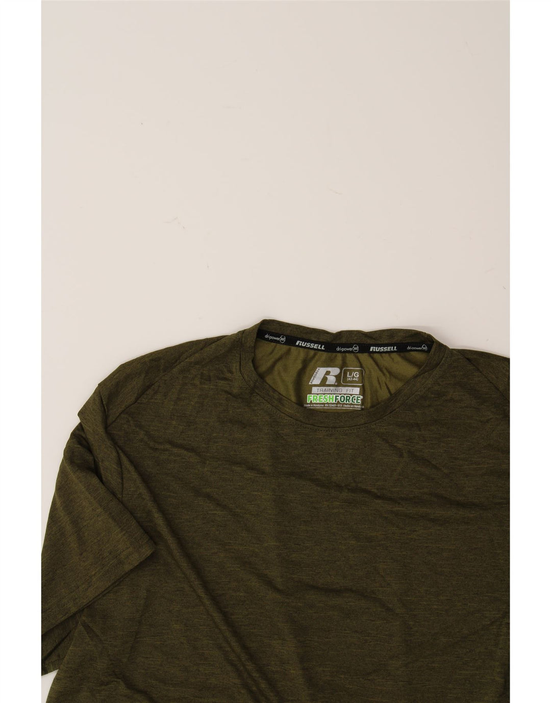RUSSELL ATHLETIC Mens T-Shirt Top Large Khaki Polyester Vintage Russell Athletic and Second-Hand Russell Athletic from Messina Hembry 