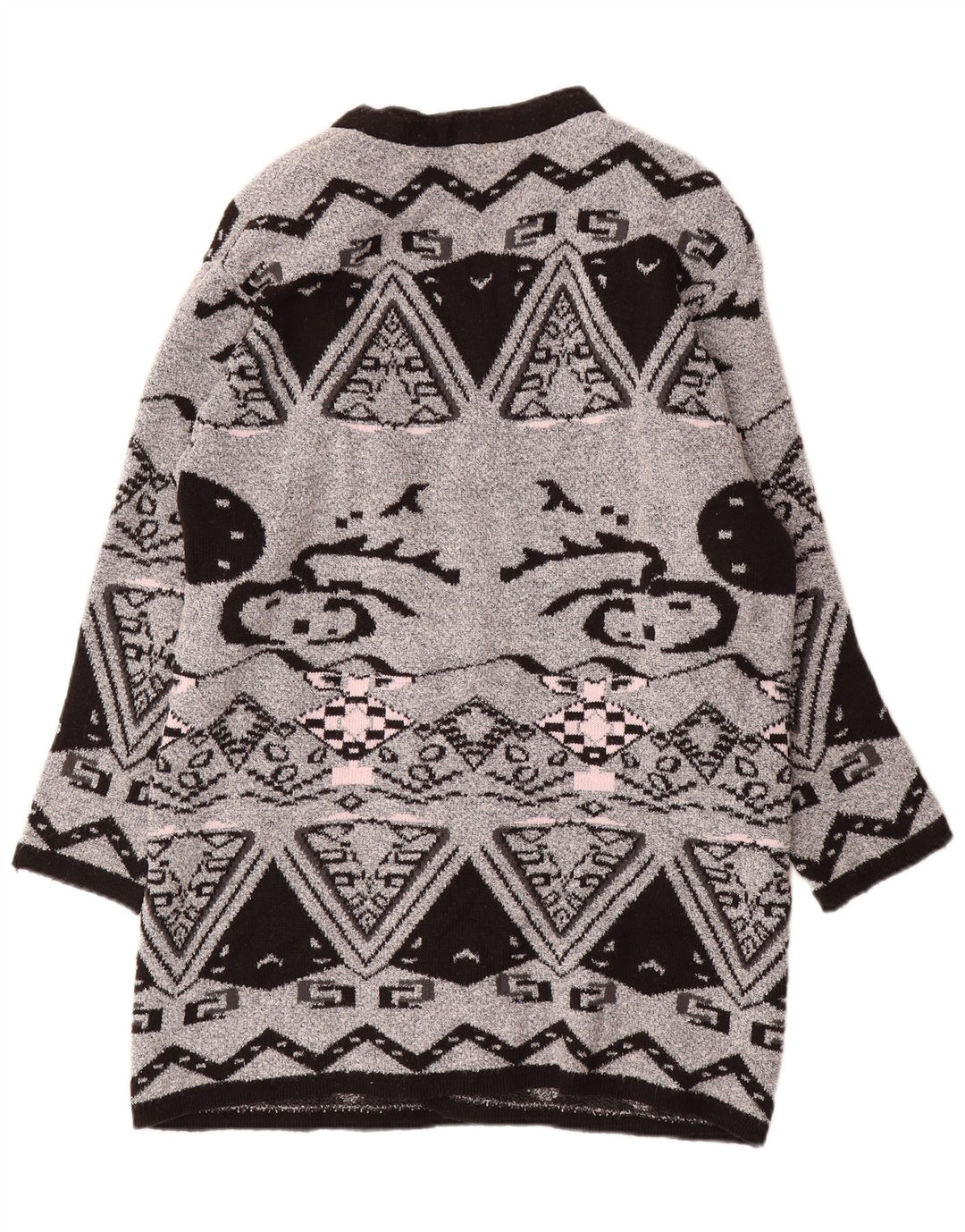 VINTAGE Dame Longline Open Cardigan Sweater EU 44 XL Grå Geometrisk
