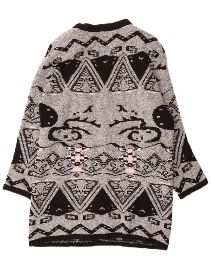 VINTAGE Dame Longline Open Cardigan Sweater EU 44 XL Grå Geometrisk