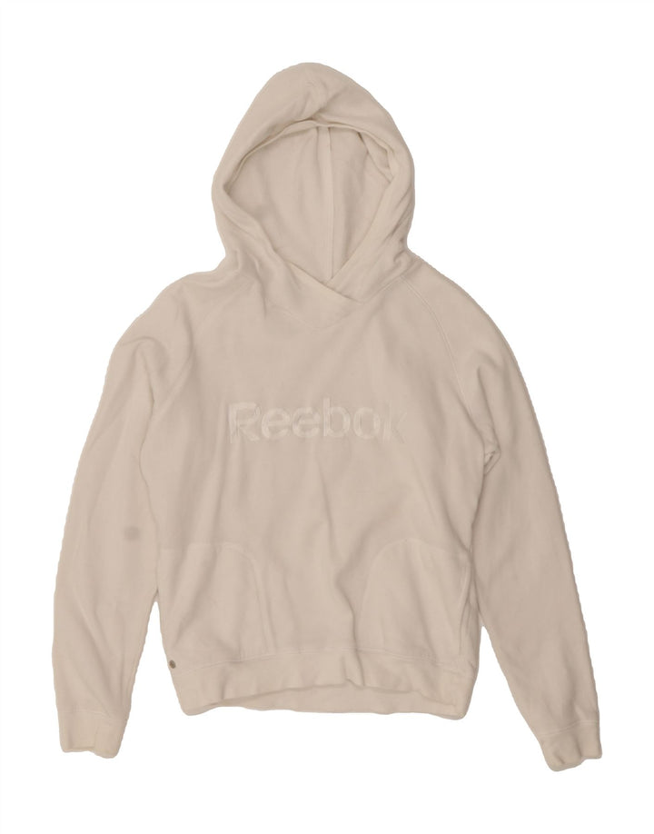 REEBOK Womens Graphic Hoodie Jumper UK 14 Medium White Polyester Vintage Reebok and Second-Hand Reebok from Messina Hembry 