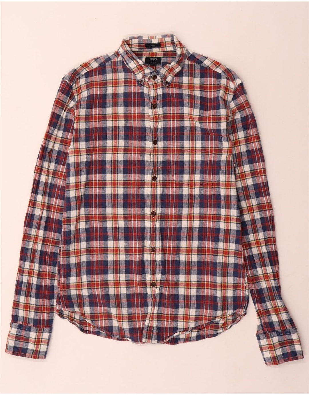 J. CREW Herre hjemmespundet smal flannelskjorte lille marineblå ternet bomuld
