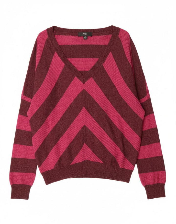 MOSSIMO Womens V-Neck Jumper Sweater UK 18 XL Red Striped Nylon