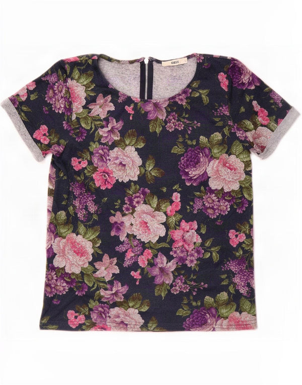 Oasis Dame T-Shirt Top UK 10 Small Navy Blue Floral Viscose