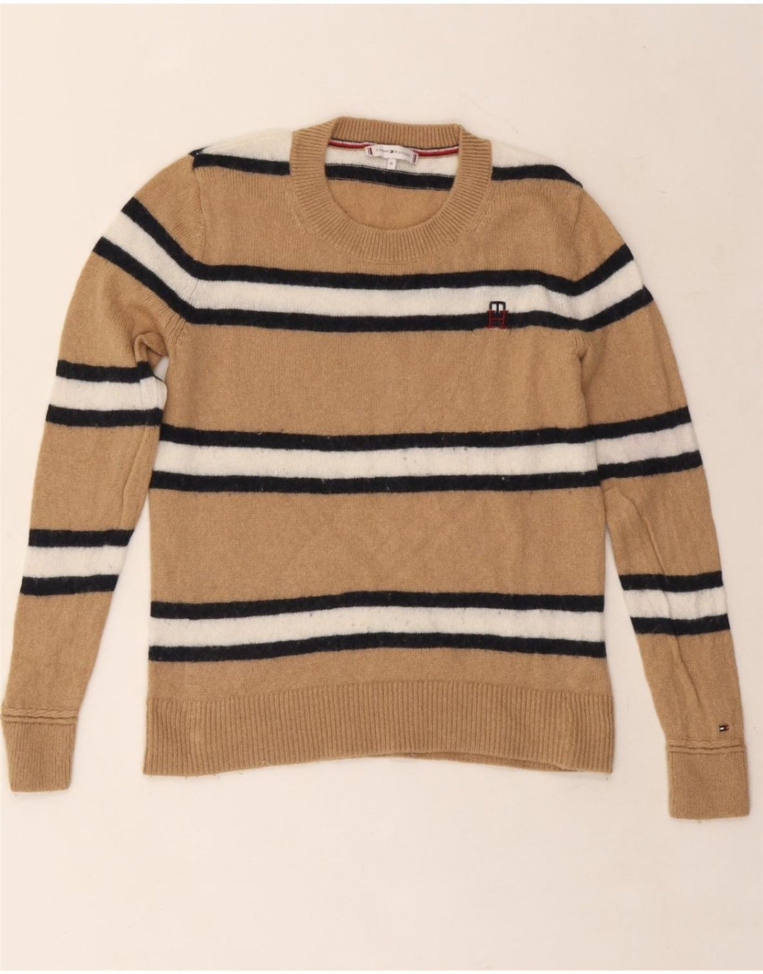 TOMMY HILFIGER sweater med rund hals til kvinder UK 12 Medium Beige stribet