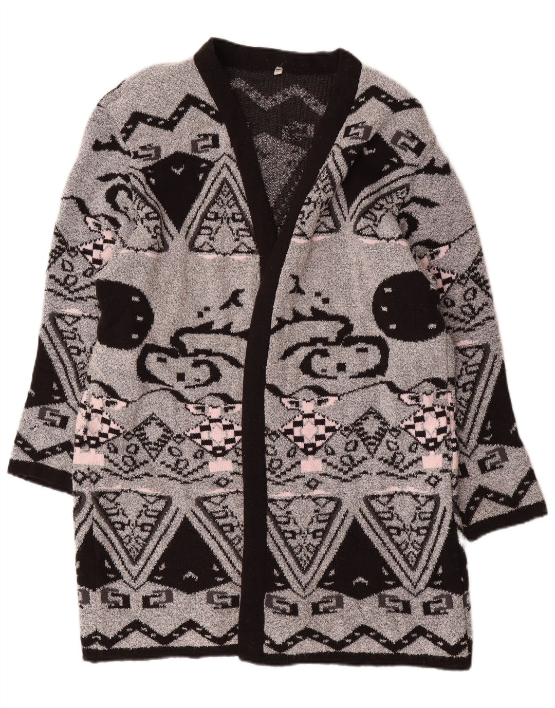 VINTAGE Dame Longline Open Cardigan Sweater EU 44 XL Grå Geometrisk