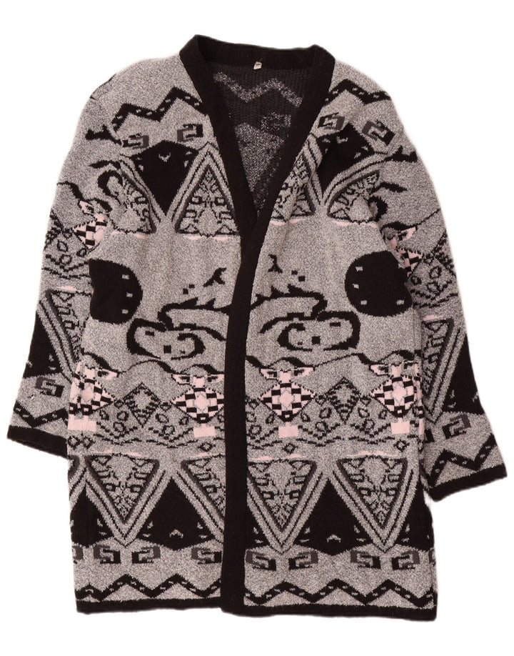 VINTAGE Dame Longline Open Cardigan Sweater EU 44 XL Grå Geometrisk