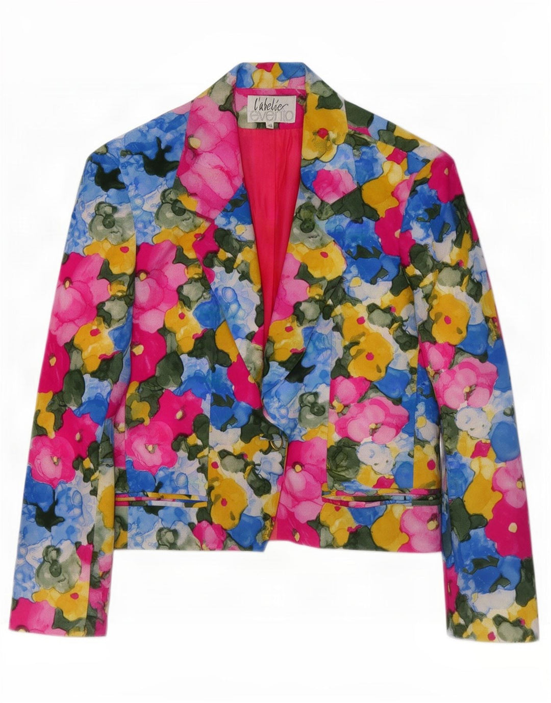 Vintage dame 1-knap blazerjakke IT 46 Stor flerfarvet blomstersilke