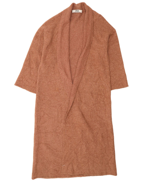 Zara Dame Longline Åben Cardigan Sweater UK 14 Medium Beige Uld