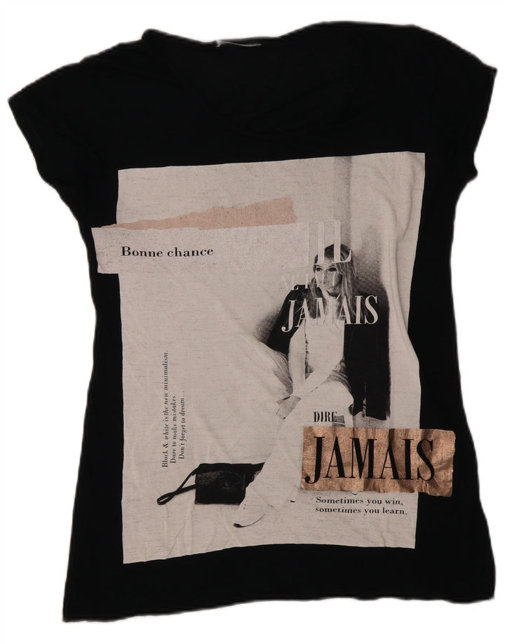 Zara Dame Grafisk T-Shirt Top UK 10 Lille Sort