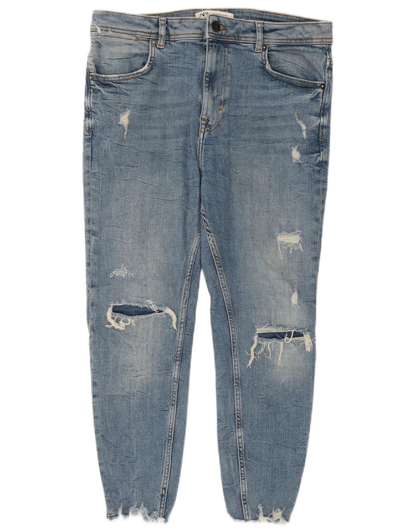 Zara Herre Skinny Distressed Cropped Jeans EU 42 Large W32 L24 Blue Cotton