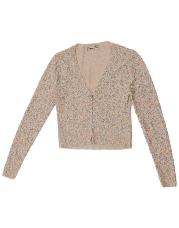 Zara Womens Bolero Jumper UK 8 Small Off White Floral Polyamid