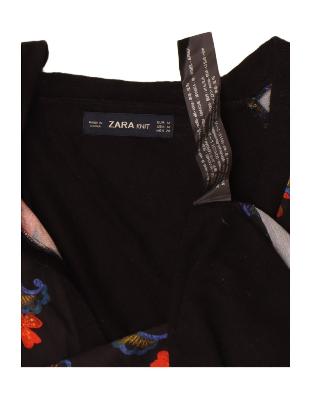 Zara Dame Top Langærmet UK 14 Medium Sort Blomsteruld