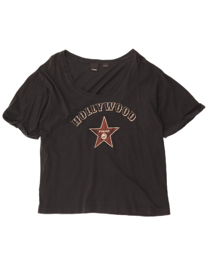 Pinko Dame Grafisk T-Shirt Top UK 14 Medium Sort Bomuld