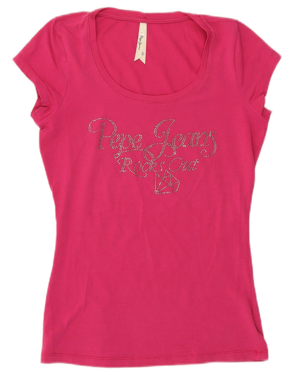 PEPE Jeans Dame Grafisk T-Shirt Top UK 10 Small Pink