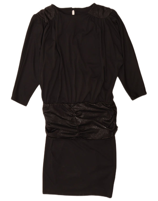 Vintage Dame Langærmet Drop Waist Dress UK 14 Stort sort dyreprint