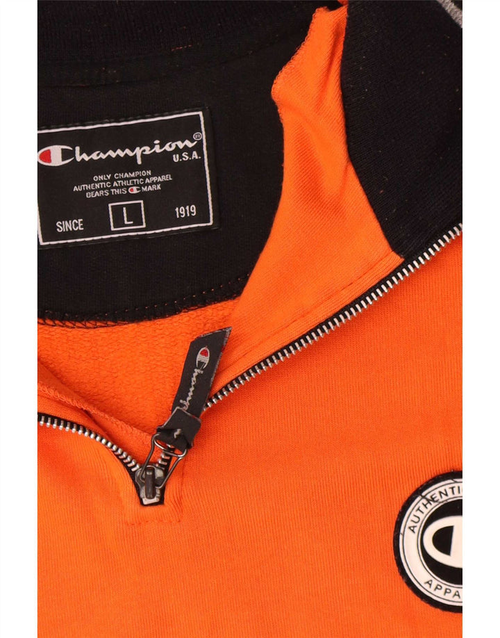 Champion Herre Zip Neck Sweatshirt Jumper Large Orange Colourblock Bomuld