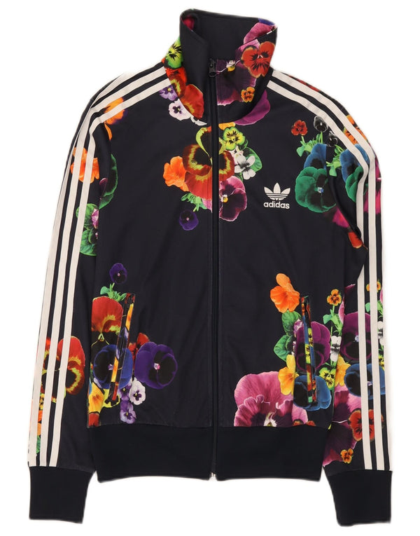 Adidas Dame Grafisk Træningsdragt Top Jacket UK 10 Small Navy Blue Floral