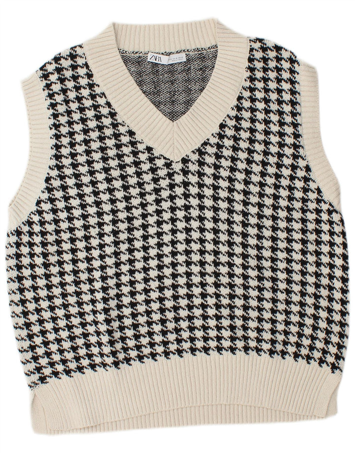 Zara Dame Oversized Vest Tank Top UK 14 Medium White Houndstooth Bomuld