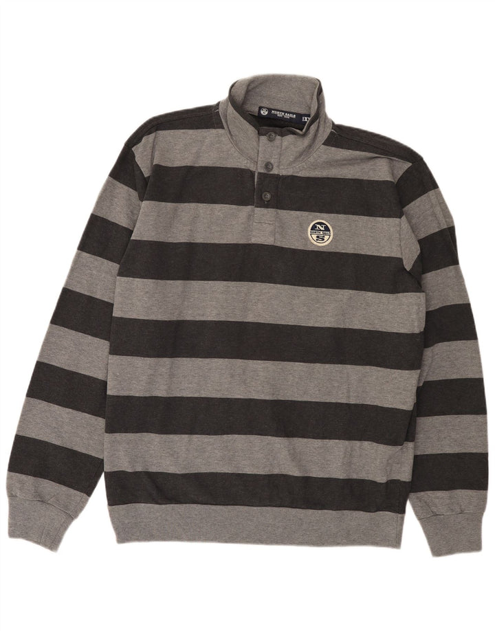 North Sails Herre Button Neck Sweatshirt Jumper 2XL Grå Stribet Bomuld