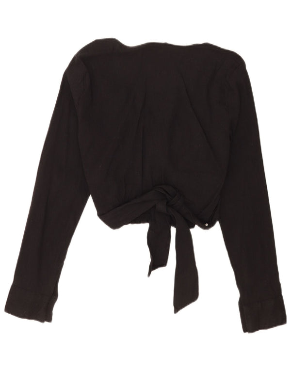 Zara Womens Crop Long Sleeve Blouse Top UK 10 Small Black Linen