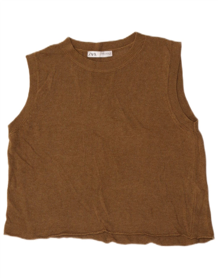 Zara Womens Crop Vest Top UK 14 Medium Brun Akryl