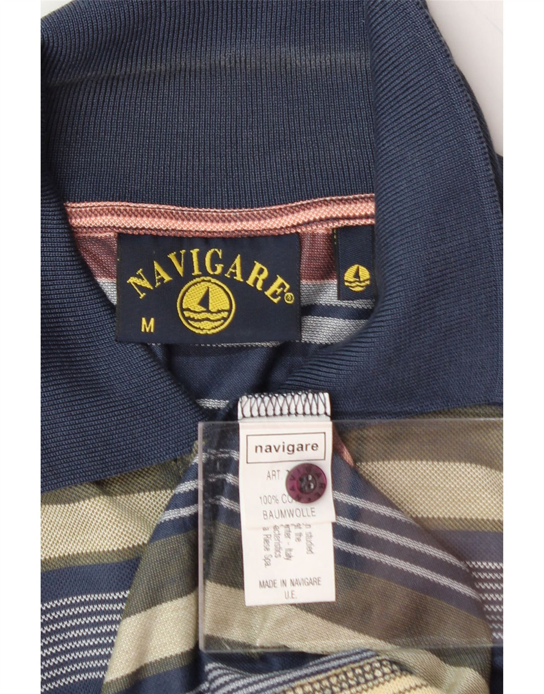 NAVIGARE Mens Polo Shirt Medium Navy Blue Striped Cotton Vintage Navigare and Second-Hand Navigare from Messina Hembry 