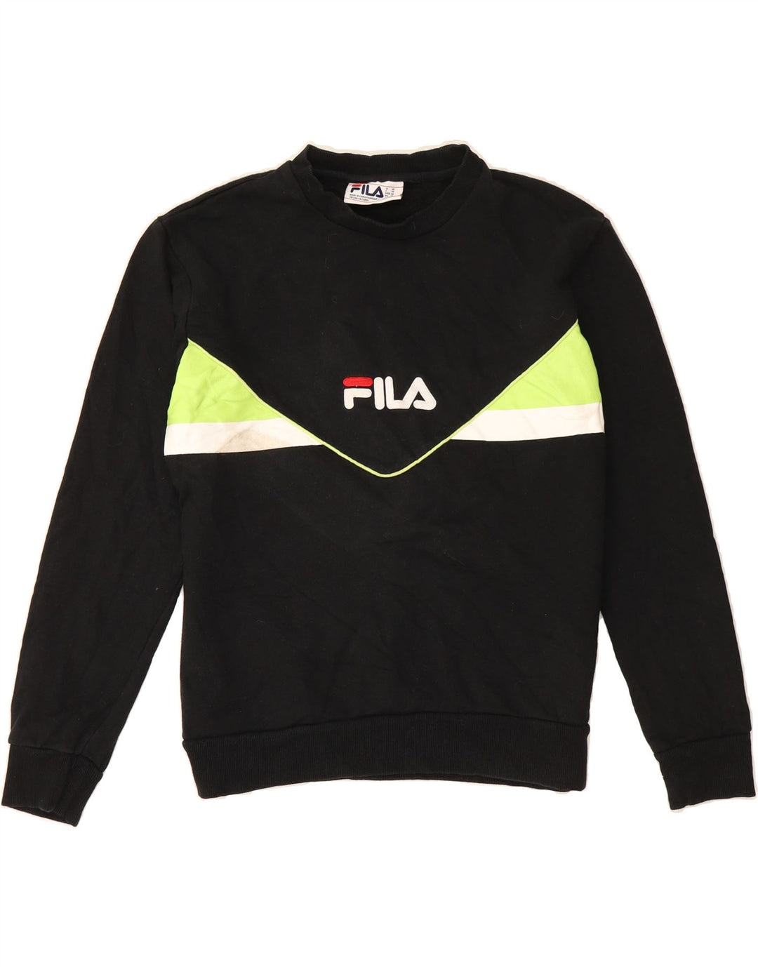 FILA Womens Graphic Sweatshirt Jumper UK 14 Medium Black Colourblock Vintage Fila and Second-Hand Fila from Messina Hembry 