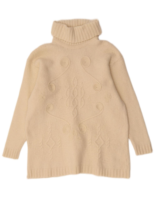 Vintage Dame Roll Neck Jumper Sweater UK 14 Medium Off White Geometrisk