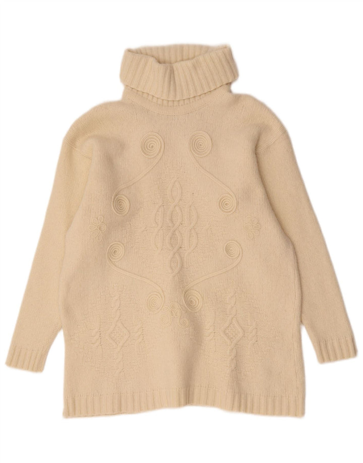 Vintage Dame Roll Neck Jumper Sweater UK 14 Medium Off White Geometrisk