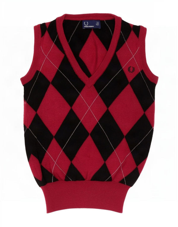 Fred Perry Dame Vest Tank Top UK 8 Small Red Argyle/Diamond Wool