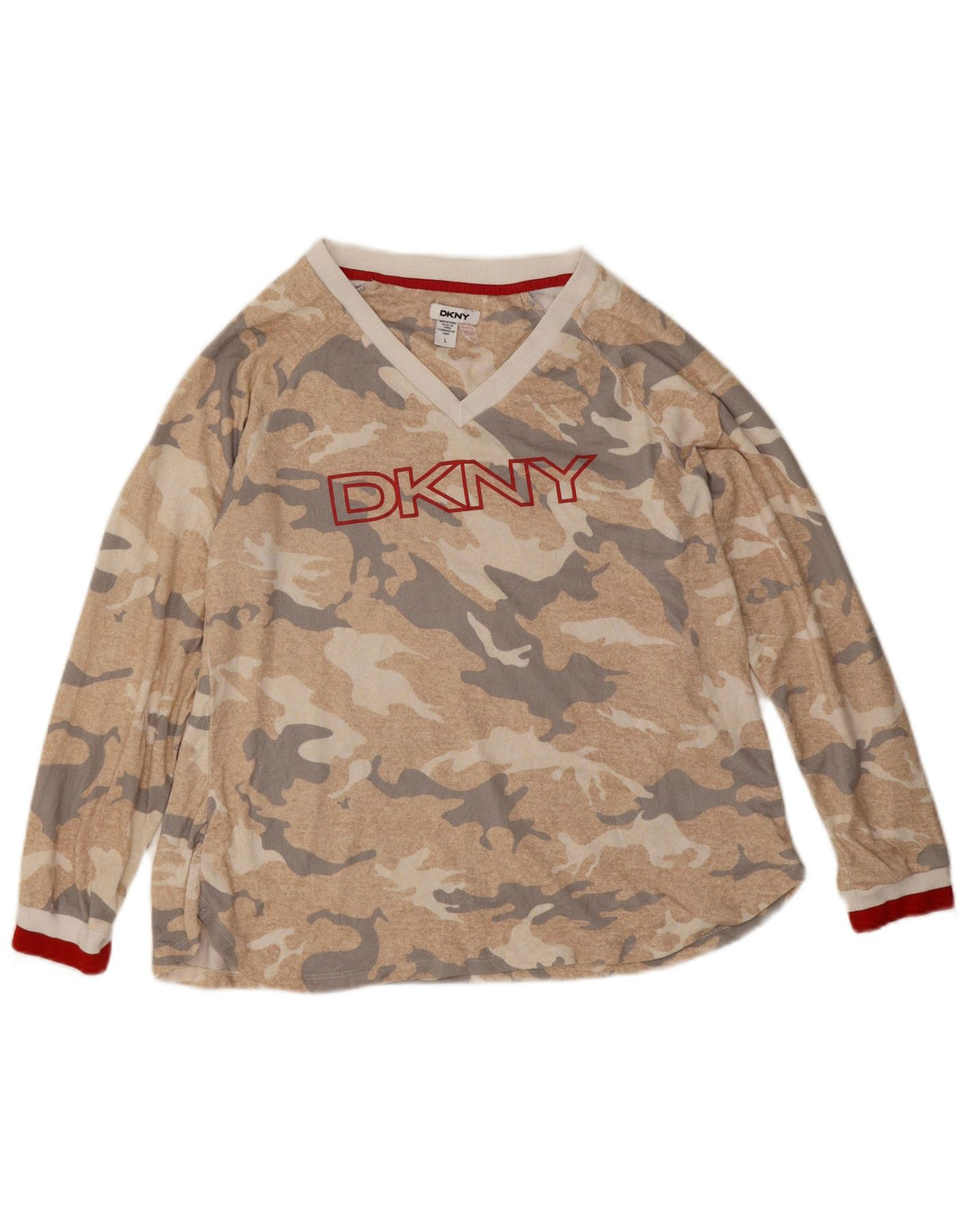 Dkny Womens Grafisk Top Langærmet UK 16 Large Beige Camouflage Polyester