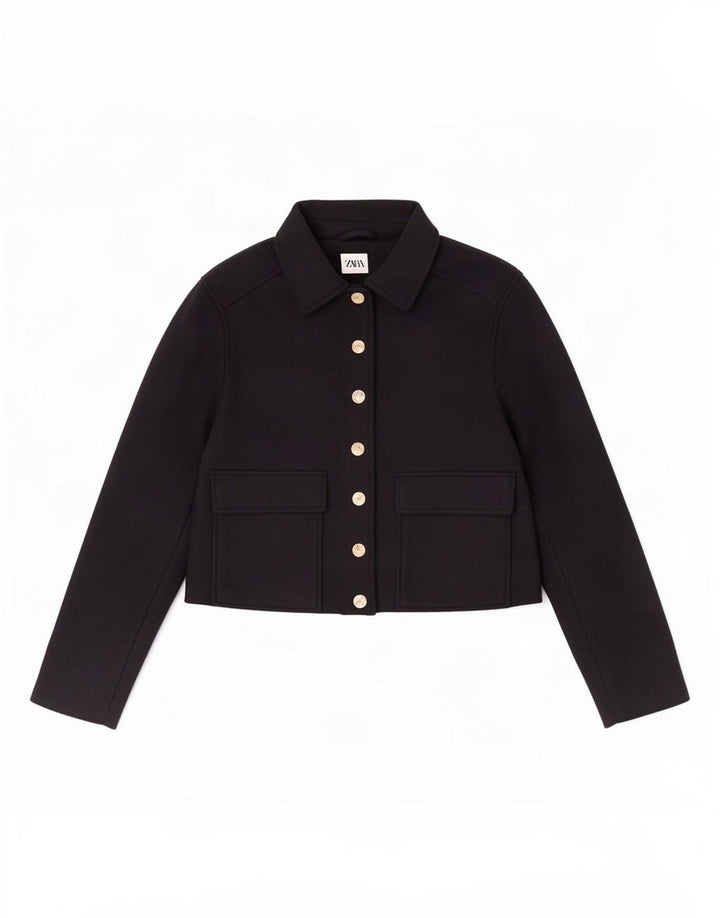 Zara Womens Crop Bomber Jacket UK 10 Small Navy Blue Polyester