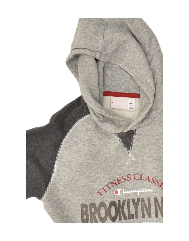 CHAMPION Boys Graphic Hoodie Jumper 11-12 Years Large Grey Colourblock | Vintage Champion | Thrift | Second-Hand Champion | Used Clothing | Messina Hembry 