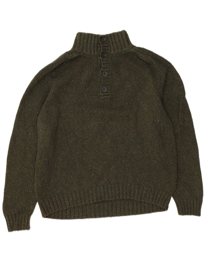 Eddie Bauer Herre Button Neck Jumper Sweater Stor Khaki Flecked Bomuld