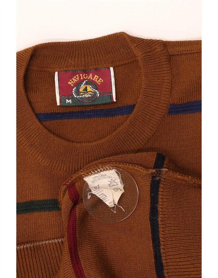 Navigare Herre sweater med rund hals, medium brun stribet uld