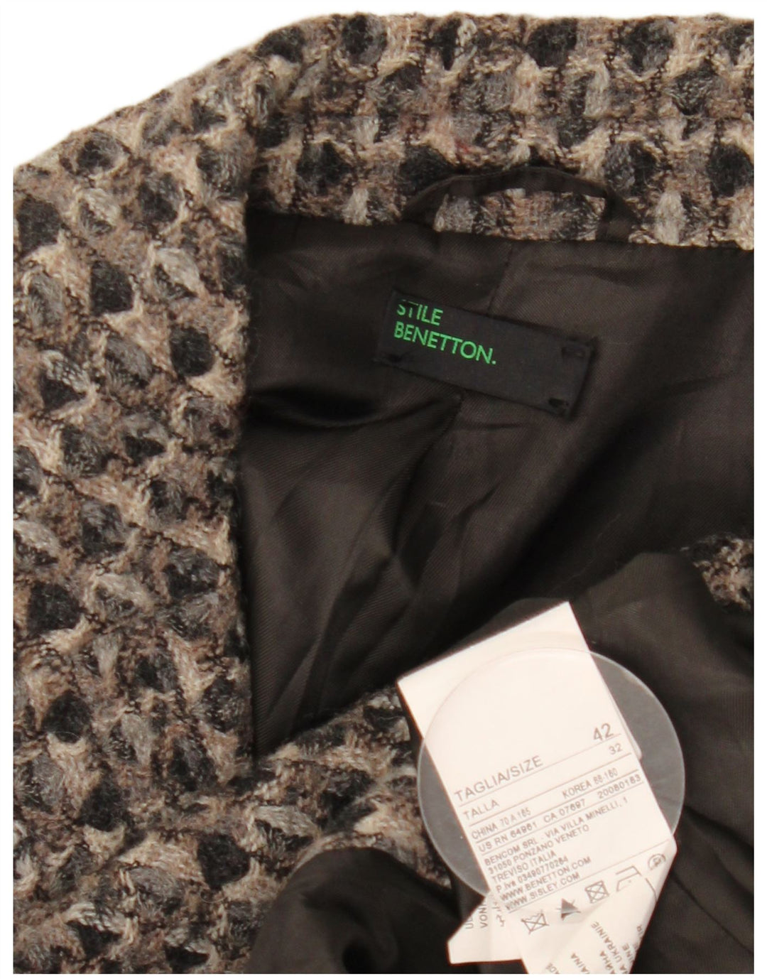 Benetton Dame Overfrakke IT 42 Medium Grey Geometrisk Uld
