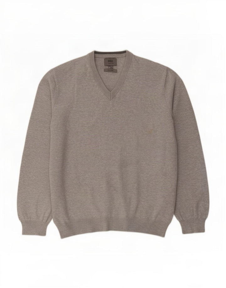 Marks & Spencer Herre V-hals trøje Sweater Large Grå Flecked Bomuld