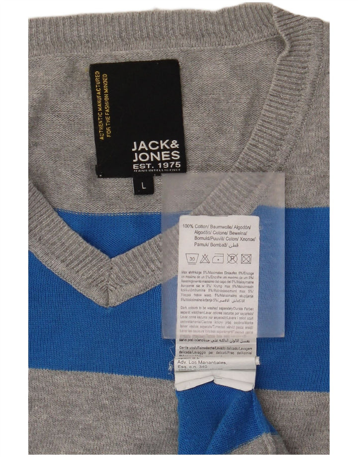 Jack & Jones Herre V-hals sweater Stor grå stribet bomuld