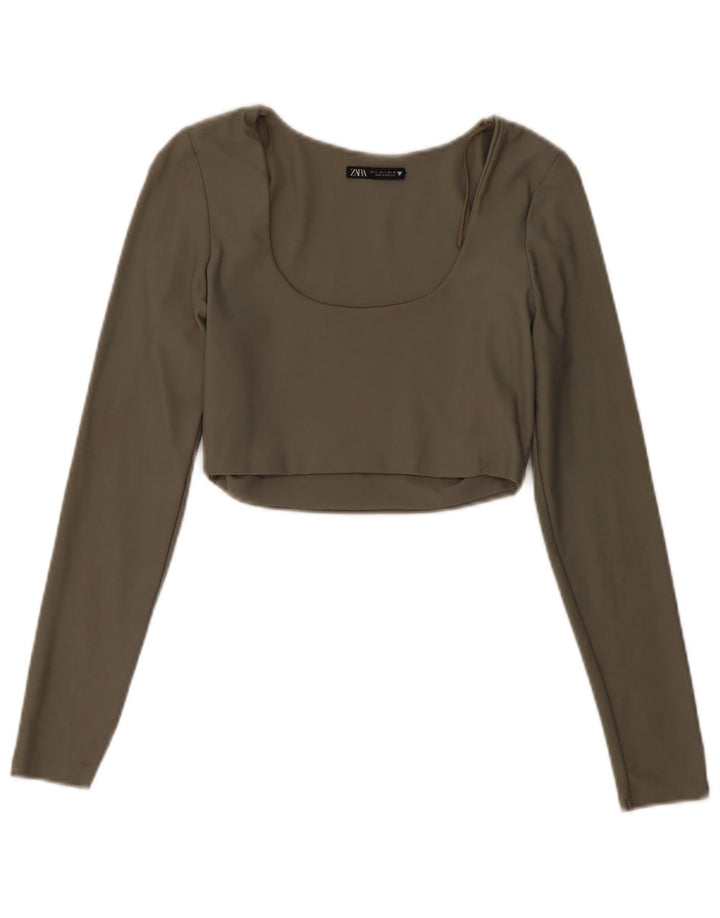 Zara Womens Crop Top Langærmet UK 14 Stor Khaki Polyamid