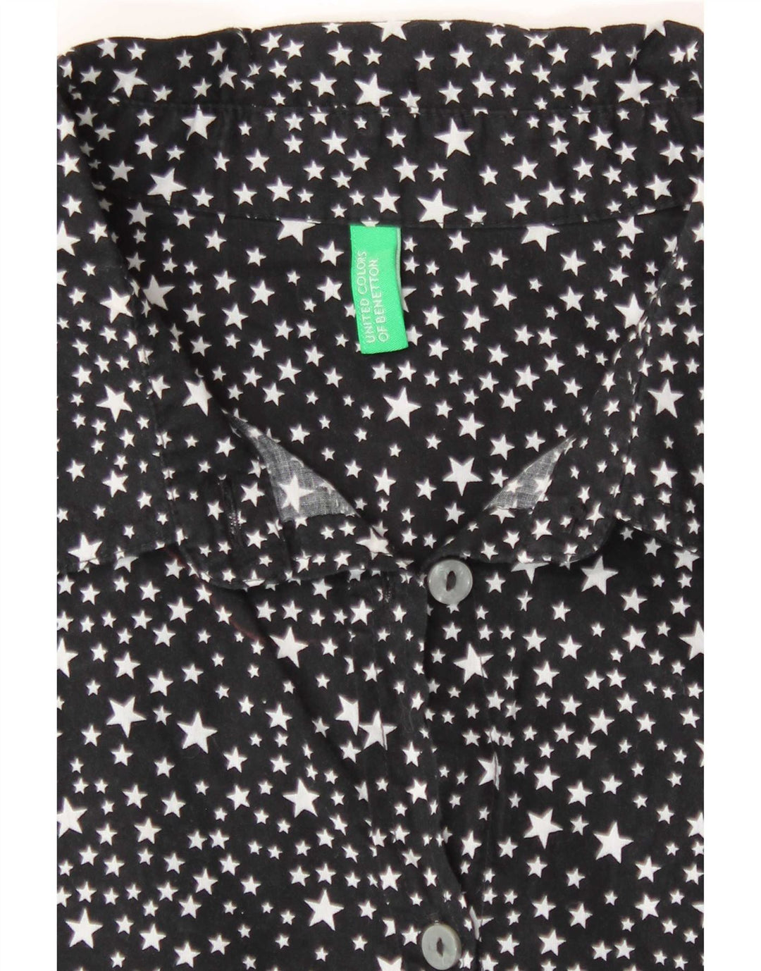 Benetton Dame Loose Fit abstrakt mønster skjorte UK 10 Small Black Bomuld