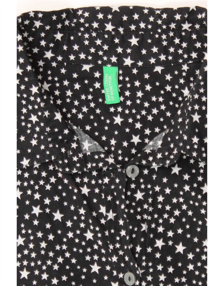 Benetton Dame Loose Fit abstrakt mønster skjorte UK 10 Small Black Bomuld