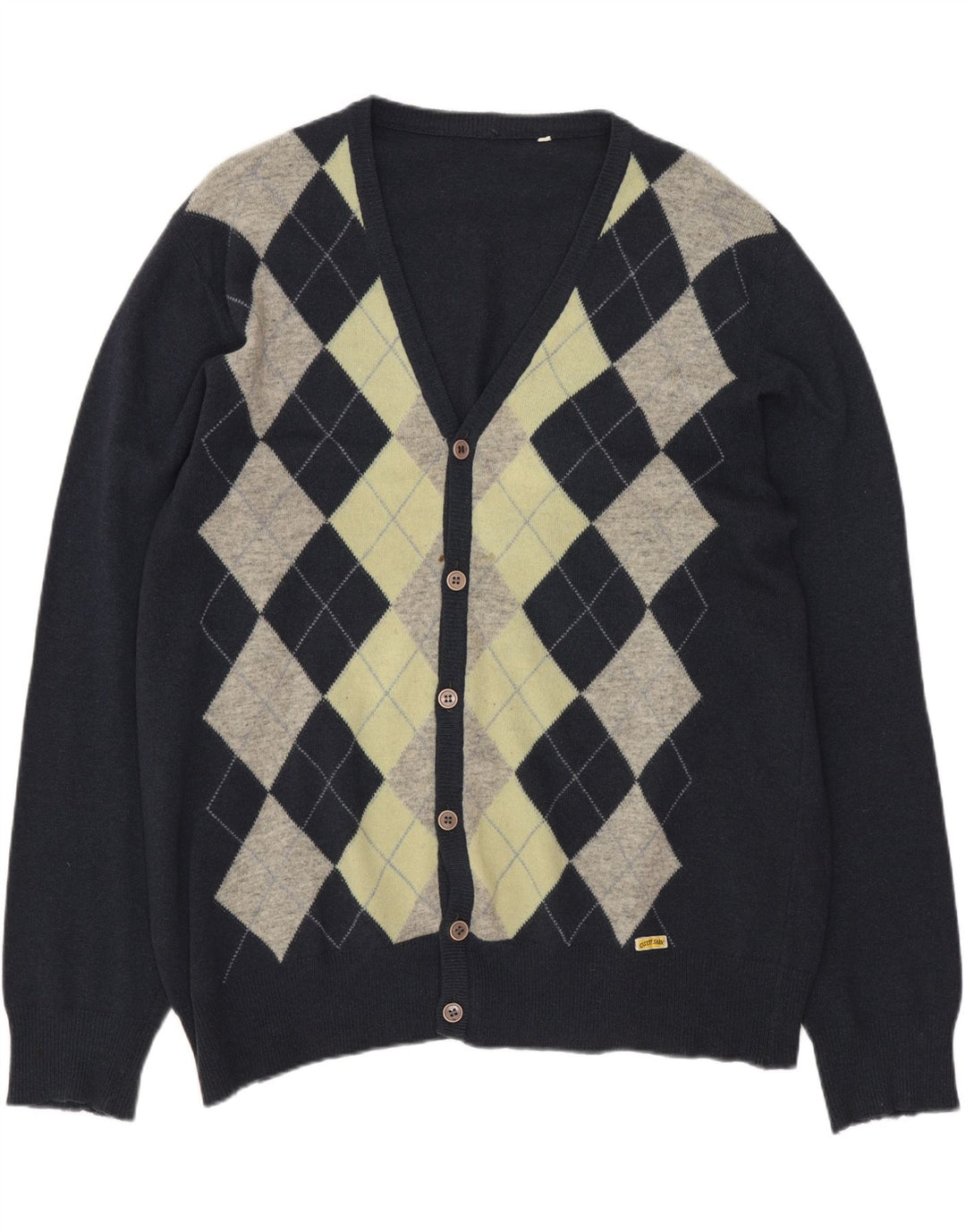 VINTAGE Herre cardigan sweater Large Navy Blue Argyle/Diamond lammeuld