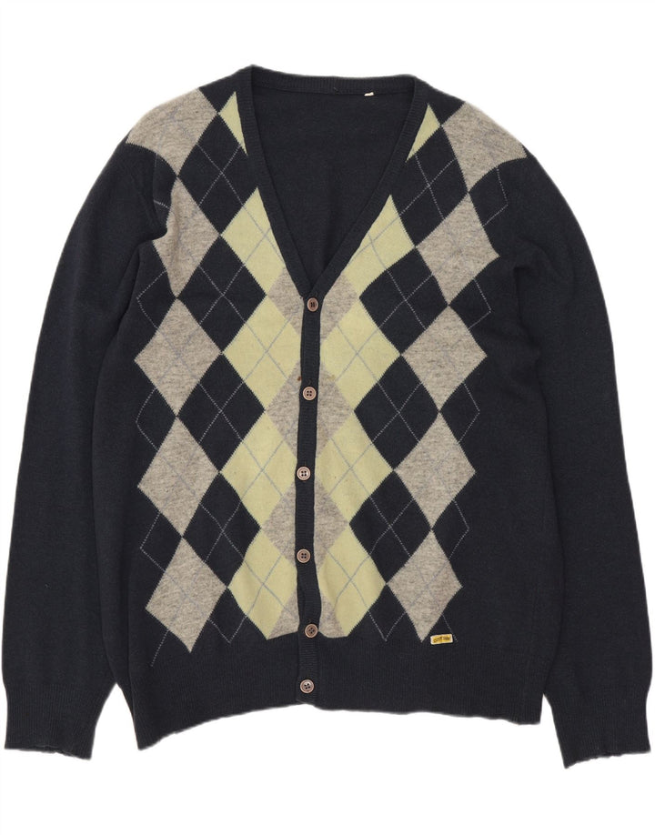 VINTAGE Herre cardigan sweater Large Navy Blue Argyle/Diamond lammeuld
