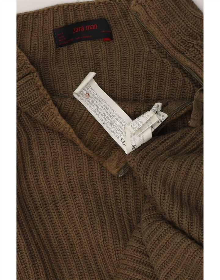 Zara Herre Zip Neck Jumper Sweater Medium Khaki Bomuld