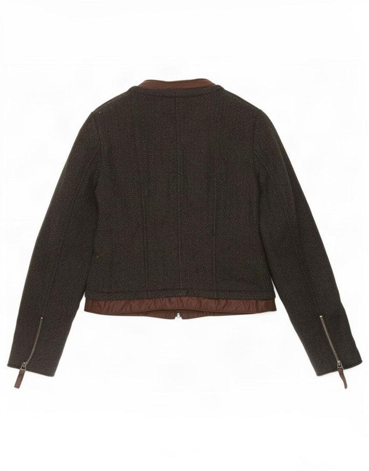 Zara Womens Crop Bomber Jacket UK 12 Medium Black Herringbone Wool
