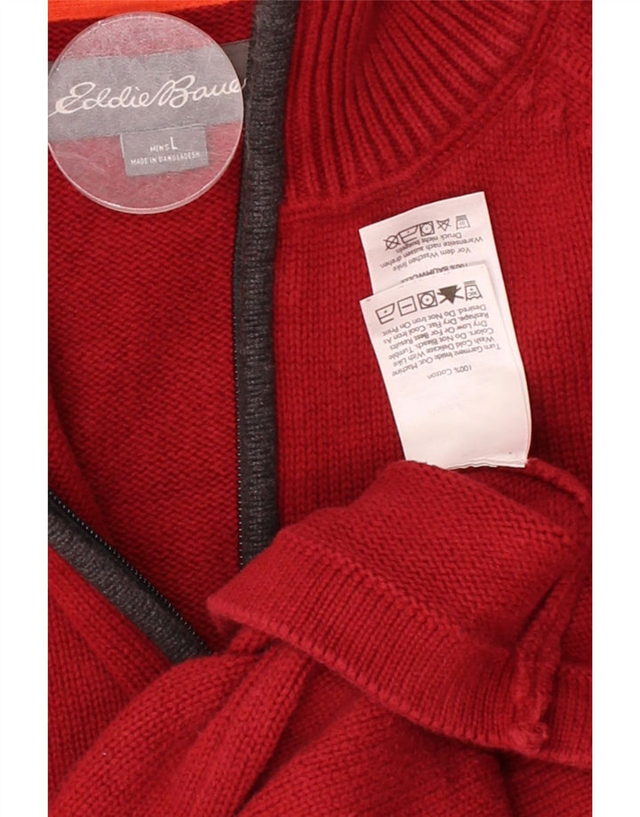 EDDIE BAUER Mens Zip Neck Jumper Sweater Large Red Colourblock Cotton Vintage Eddie Bauer and Second-Hand Eddie Bauer from Messina Hembry 