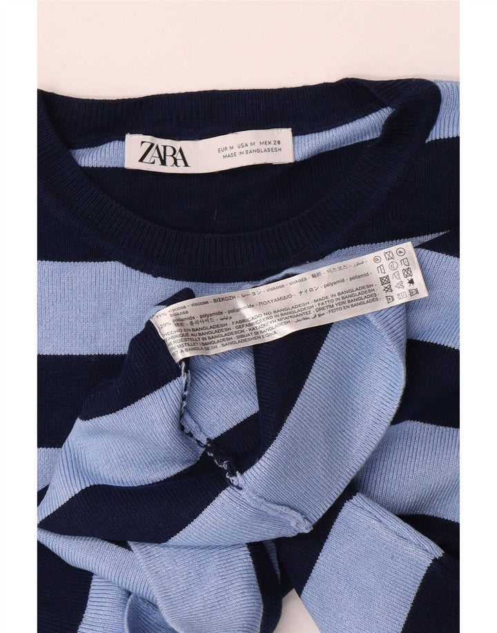 Zara Womens Crop Bluse Top UK 12 Medium Blue Striped Viscose