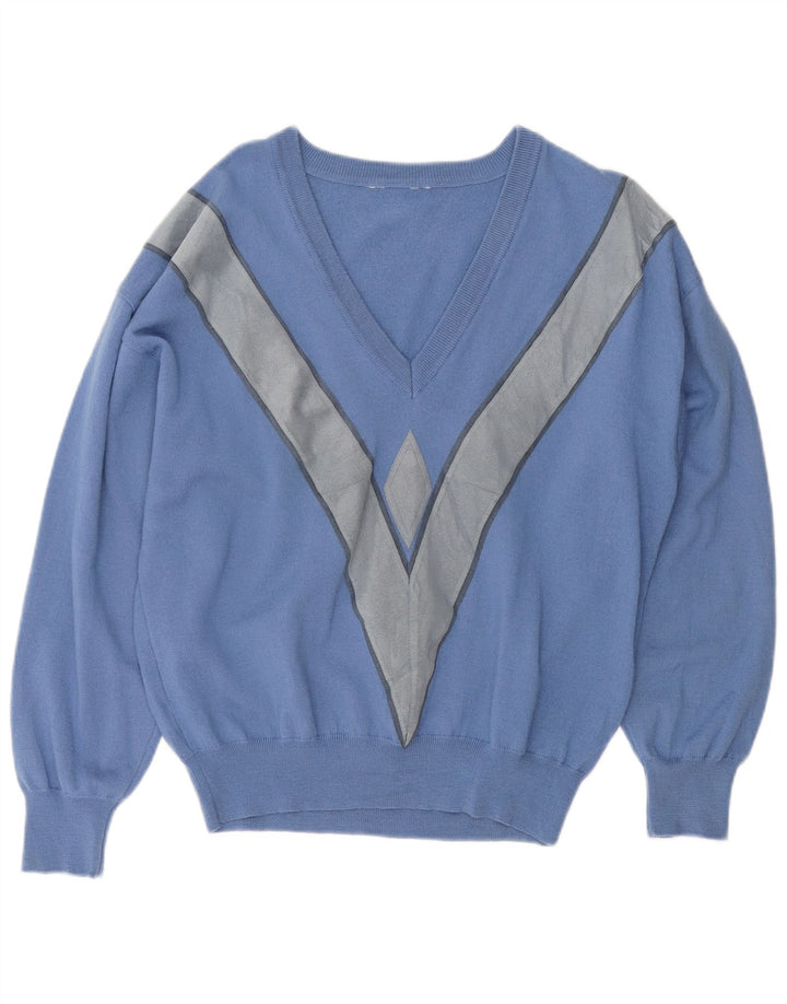 Vintage Dame Oversized V-hals sweater UK 18 XL Blå Colourblock